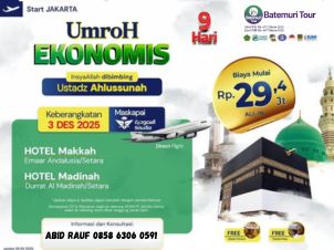 Umrah Ekonomis, Umrah Reguler , 09 hari, Btt – KUT, keberangkatan 03 Desember 2025